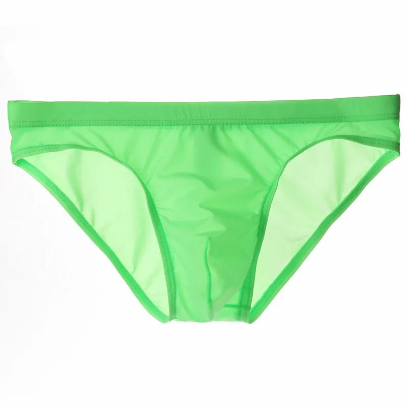 Men Underwear Ice Silk Solid Color Briefs Sexy Transparent Silky Quick Dry U Bulge Pouch Panties Mid Waist Male Underpants Cueca