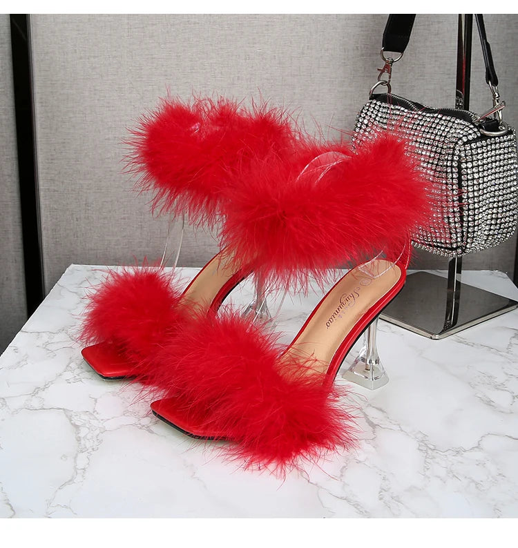 Feather Sandals Women Furry High Heels Ankle Plush Sandals Woman Transparent Heels With Fur Stripper Heeled Sandal Women Evening