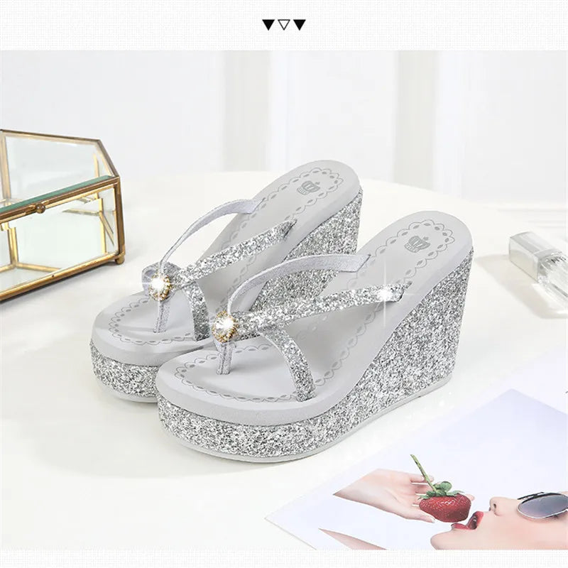TIMETANGSummer platform women shoes beach sandals rhinestones sequins slope with flip flops breathable shiny wedges women