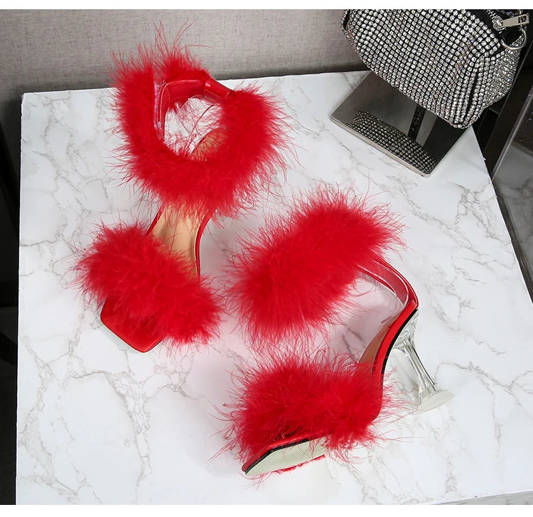 Feather Sandals Women Furry High Heels Ankle Plush Sandals Woman Transparent Heels With Fur Stripper Heeled Sandal Women Evening