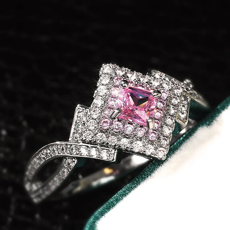 Huitan Unique Pink CZ Princess Cut Wedding Rings for Women 2021 New Trendy Jewelry Luxury Engagement Ring Best Gift Dropshipping
