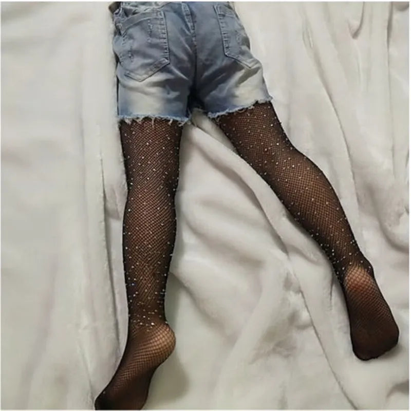 3-9Years Girls Pantyhose Rhinestone Stretchy Bottom Pants Long Fishnet Legging For Girls Cool Wild Peal Bottoms Tights Stockings