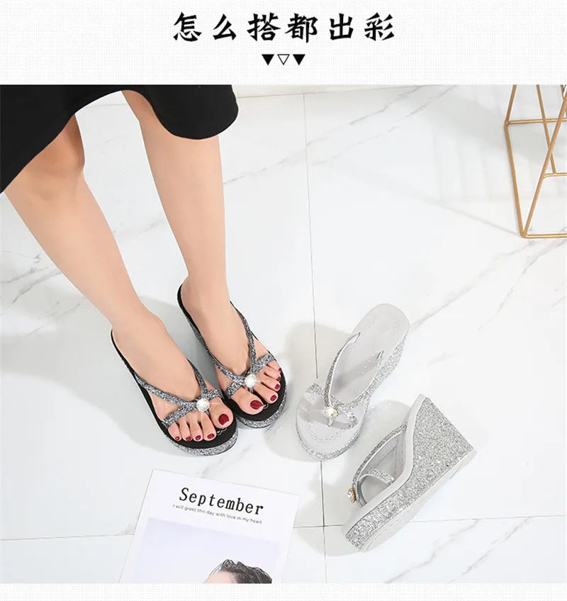 TIMETANGSummer platform women shoes beach sandals rhinestones sequins slope with flip flops breathable shiny wedges women