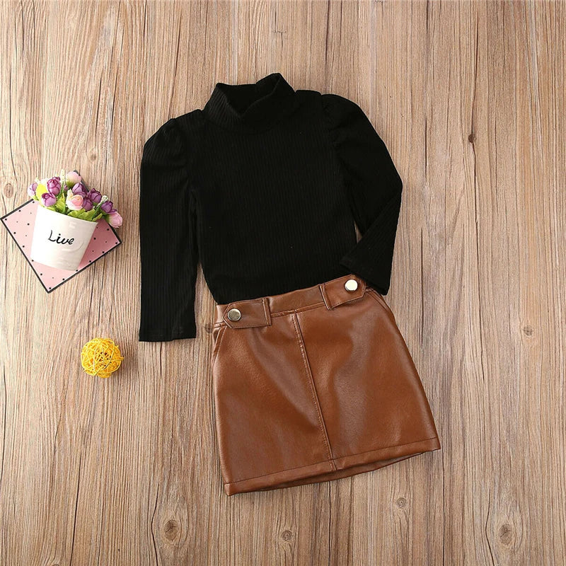 2020 Spring New Arrival Girls Fashion Clothes Set 2 Pieces Suit Sweater Tops+PU Leather skirt Kids Sets Girls Clothes