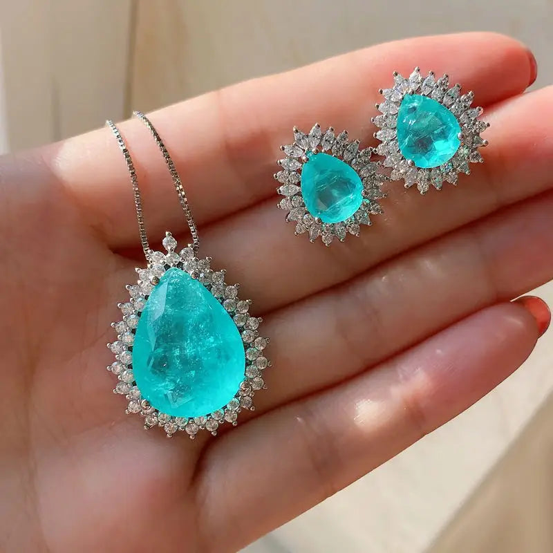 Romantic Paraiba Tourmaline Emerald Stone Water Droplet Pendant Necklace Chains Fine Jewelry Gift Women Wedding Anniversary
