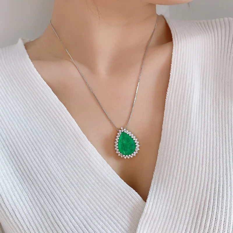 Romantic Paraiba Tourmaline Emerald Stone Water Droplet Pendant Necklace Chains Fine Jewelry Gift Women Wedding Anniversary