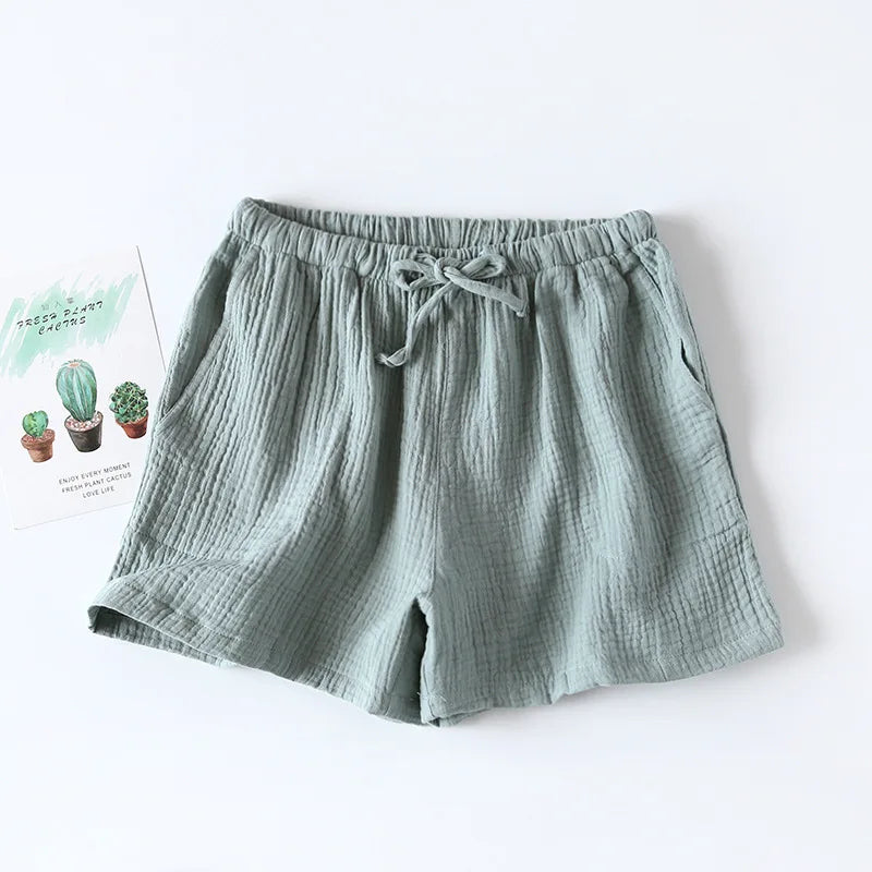 Women's Pajama Shorts 100% Cotton Double-Layer Gauze Sleep Bottoms Beach Shorts Plus Size Thin Lounge Loose Casual Home Pants