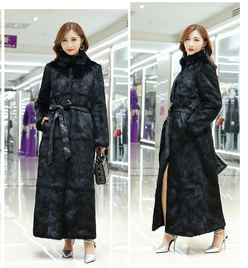 New Real genuine natural rabbit fur coat stand collar X-long fashion fur jacket outwear custom any size
