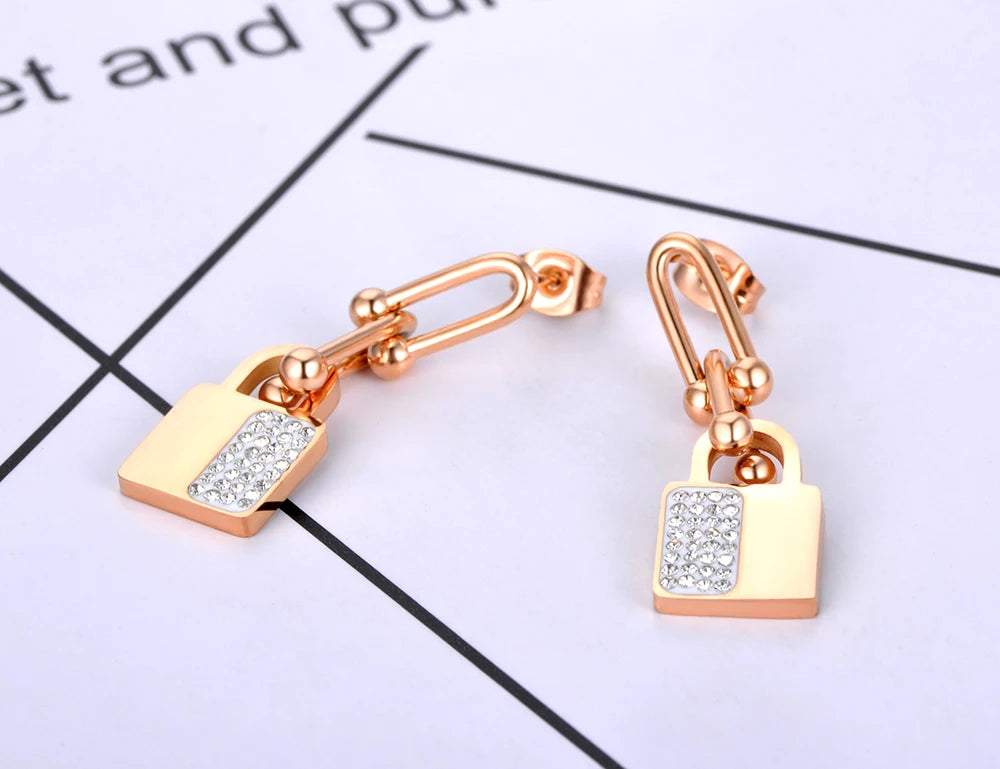 JeeMango 316L Stainless Steel Unique Zircon Horseshoe Earrings for Women Gold Plated U Shape Hoop for Wedding Jewelry Party Gift