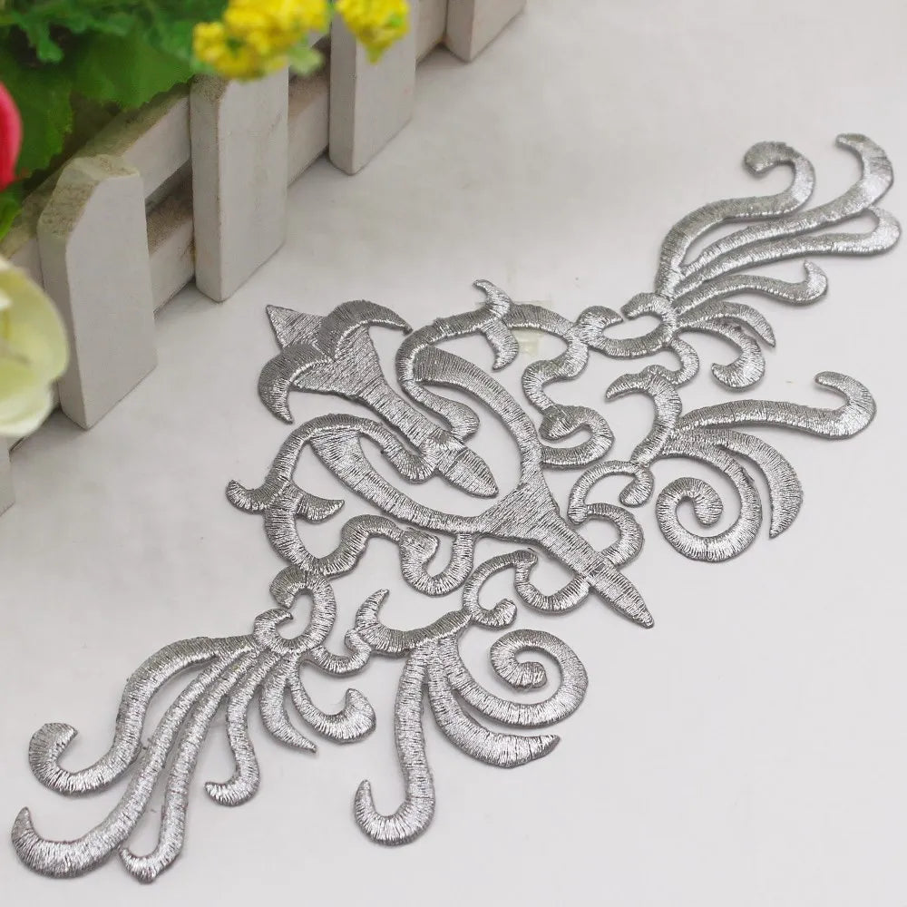 Gold Embroidered Patches Iron On Flower Vintage Diy Trims Shiny Metallic Gold And Silver  20.5cm*10cm