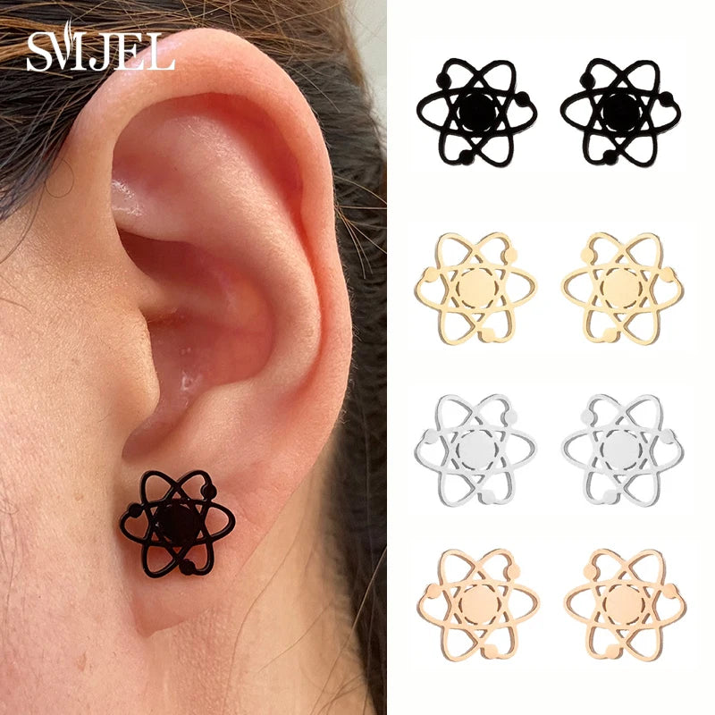 Punk Stainless Steel Chemistry Atom Shape Earrings for Women Men Creative Science Pendant Studs Jewelry Graduation Gift Friend
