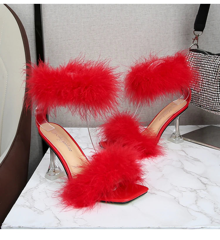 Feather Sandals Women Furry High Heels Ankle Plush Sandals Woman Transparent Heels With Fur Stripper Heeled Sandal Women Evening