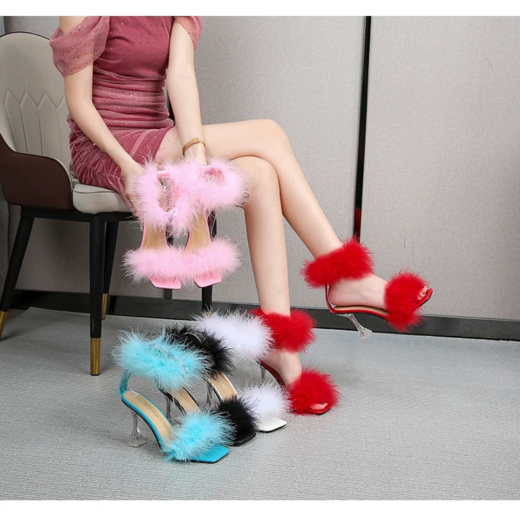 Feather Sandals Women Furry High Heels Ankle Plush Sandals Woman Transparent Heels With Fur Stripper Heeled Sandal Women Evening