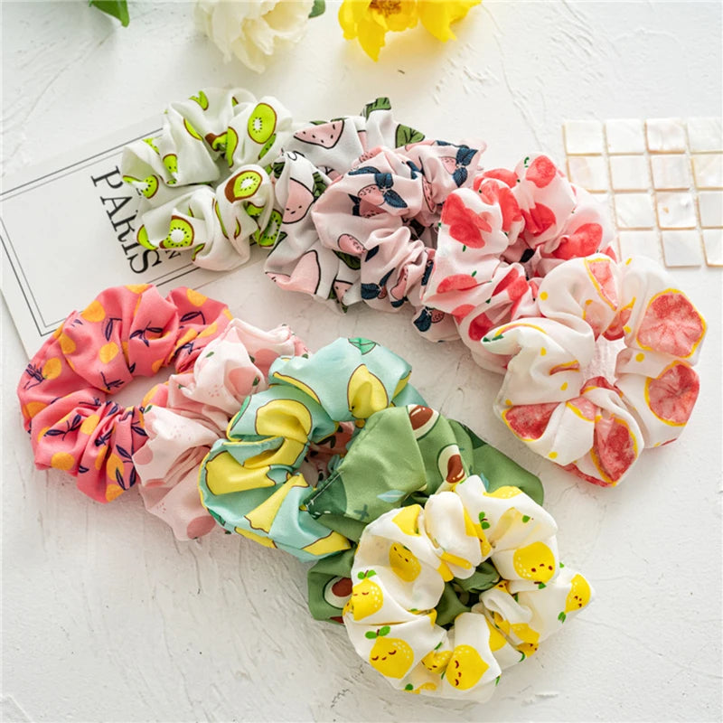 Summer Fruit Print Scrunchies Zitrone Grapefruit Birne Pfirsich bedruckter elastischer Haargummi Damen Mädchen Kopfbedeckung Haar-Accessoires