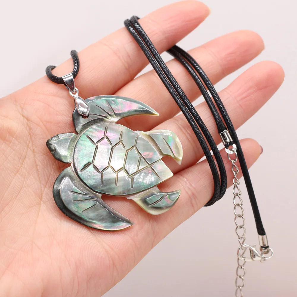 Natural Sea Turtle Shape Black Shell Necklace Pendants Charms Jewelry for Women Party Gift Size 50x48mm Length 55cm