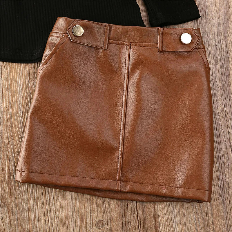 2020 Spring New Arrival Girls Fashion Clothes Set 2 Pieces Suit Sweater Tops+PU Leather skirt Kids Sets Girls Clothes