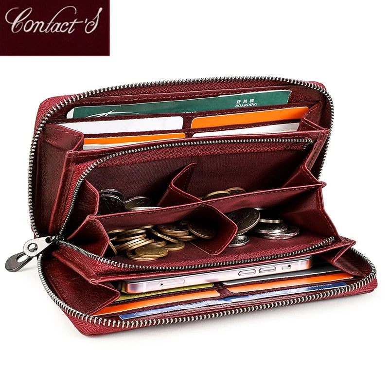 Contact's Women Wallets Genuine Leather Card Holder Female Purse Zipper Wallet For Women Fashion Clutch Bag Rfid Men Wallets