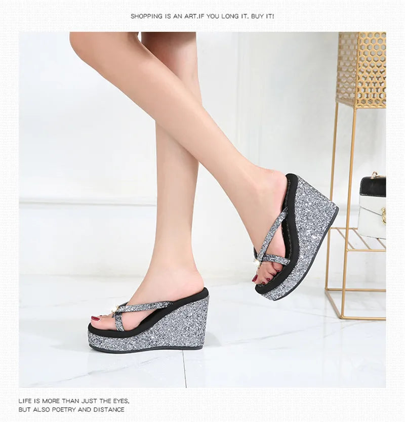 TIMETANGSummer platform women shoes beach sandals rhinestones sequins slope with flip flops breathable shiny wedges women