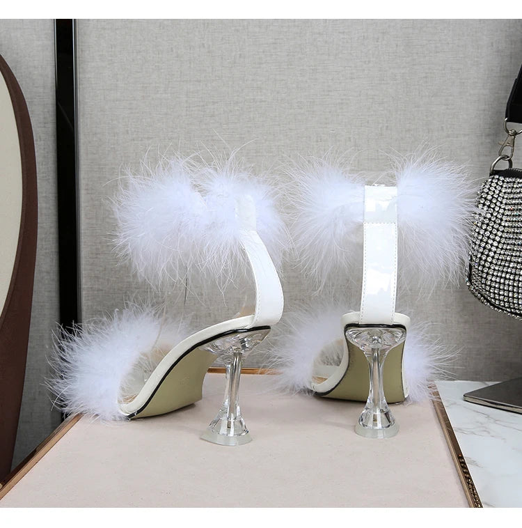 Feather Sandals Women Furry High Heels Ankle Plush Sandals Woman Transparent Heels With Fur Stripper Heeled Sandal Women Evening