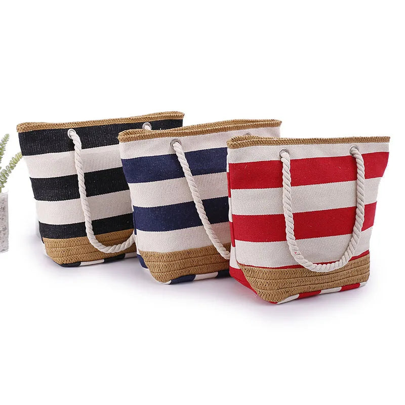 Striped Canvas Handbag For Women Large Capacity Hit Color Travel Shopping Bag For Female New Casual Tote Shoulder Beach Bag
