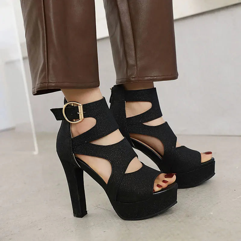 Sgesvier 2021 new thick high heels ladies shoes platform open toe woman sandals cross strap buckle silver glitter bling sandals