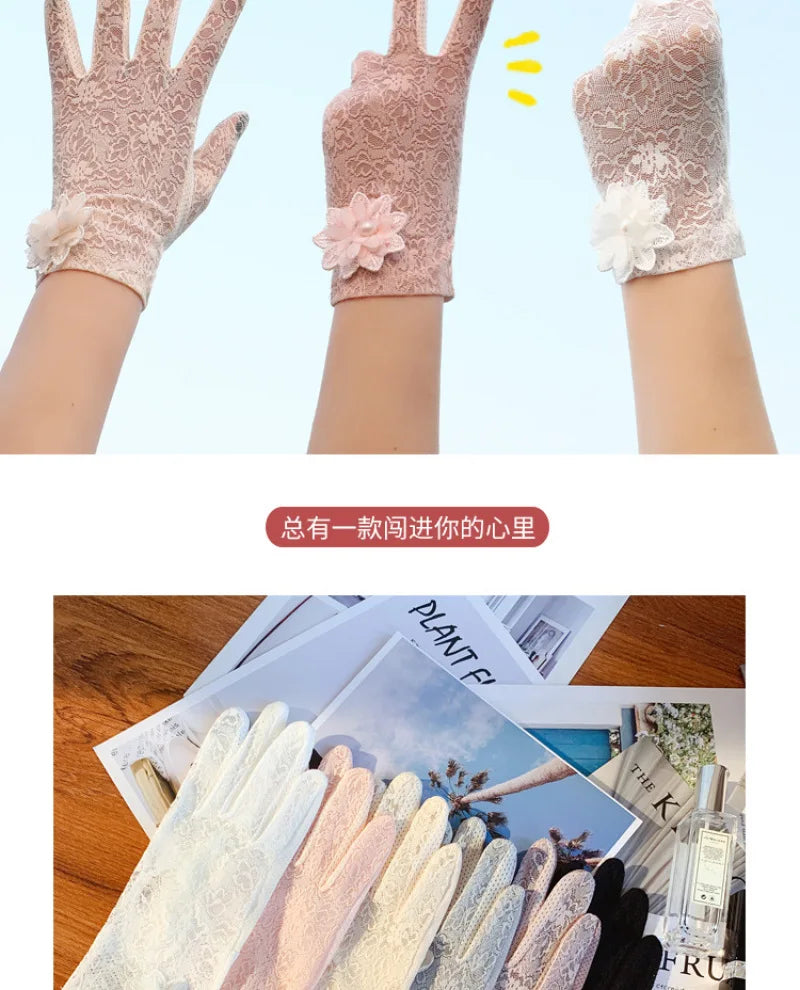 Damen Sommer Sexy Spitze Große Blume Dünnes Netz Atmungsaktiv Sonnenschutz Touchscreen Rutschfeste Fahrradhandschuhe Anti-UV Elegant