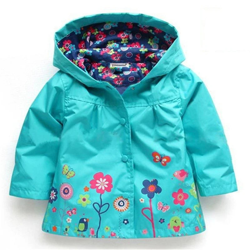 Flowers Girls Jackets Autumn Waterproof Kids Jacket Windbreaker Coat Hooded Casual Girls Raincoat 2-6 Year Old Children Clothing