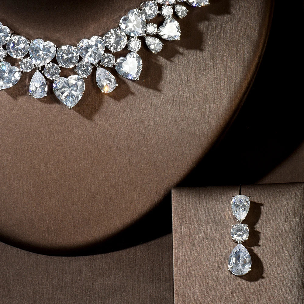 HIBRIDE New Wedding Costume Accessories Heart Shape Cubic Zircon Crystal Bridal Earrings And Necklace Jewelry Set N-1449