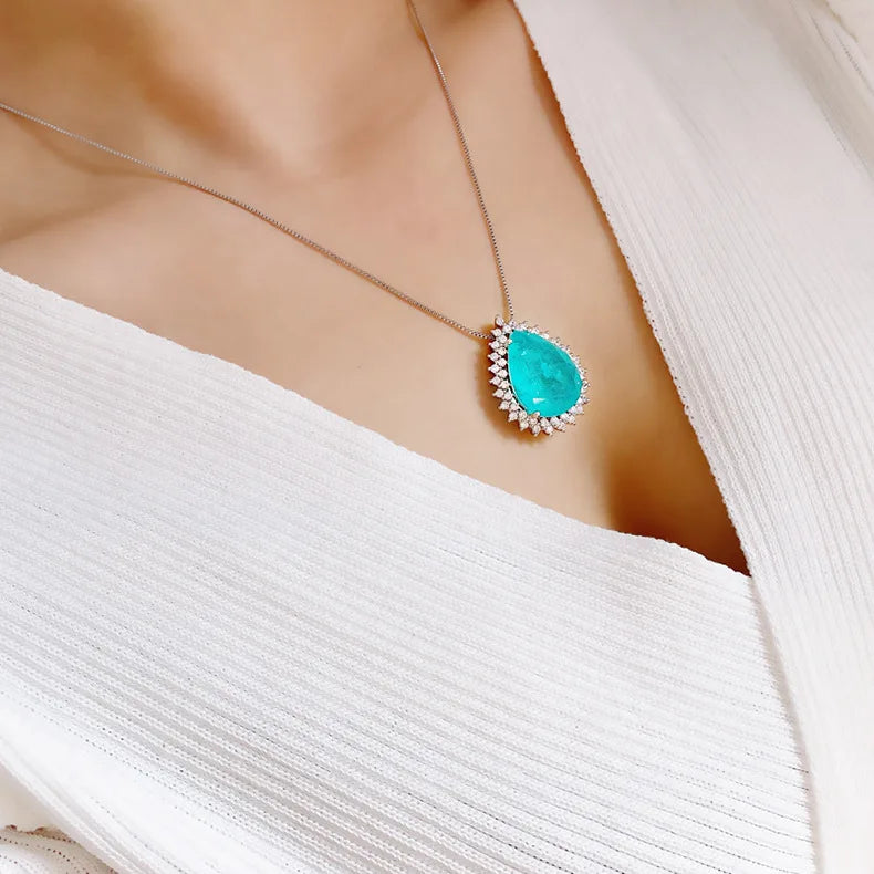 Romantic Paraiba Tourmaline Emerald Stone Water Droplet Pendant Necklace Chains Fine Jewelry Gift Women Wedding Anniversary