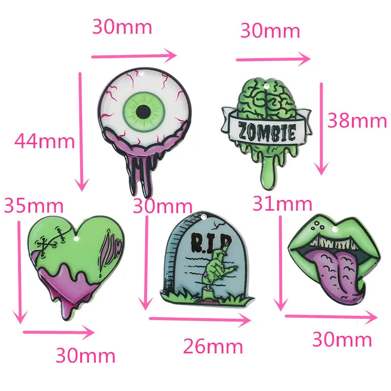 10 Piezas Halloween Dijes Cerebro de Zombie Corazón Boca Globo Ocular y Lápida de Acrílico Accesorios de Joyería para Bricolaje de Joyas