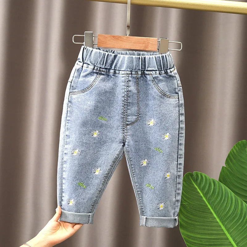 Spring kids girl's clothes baby elastic band straight-leg love jeans pants for girls' baby clothing outer wear denim trousers