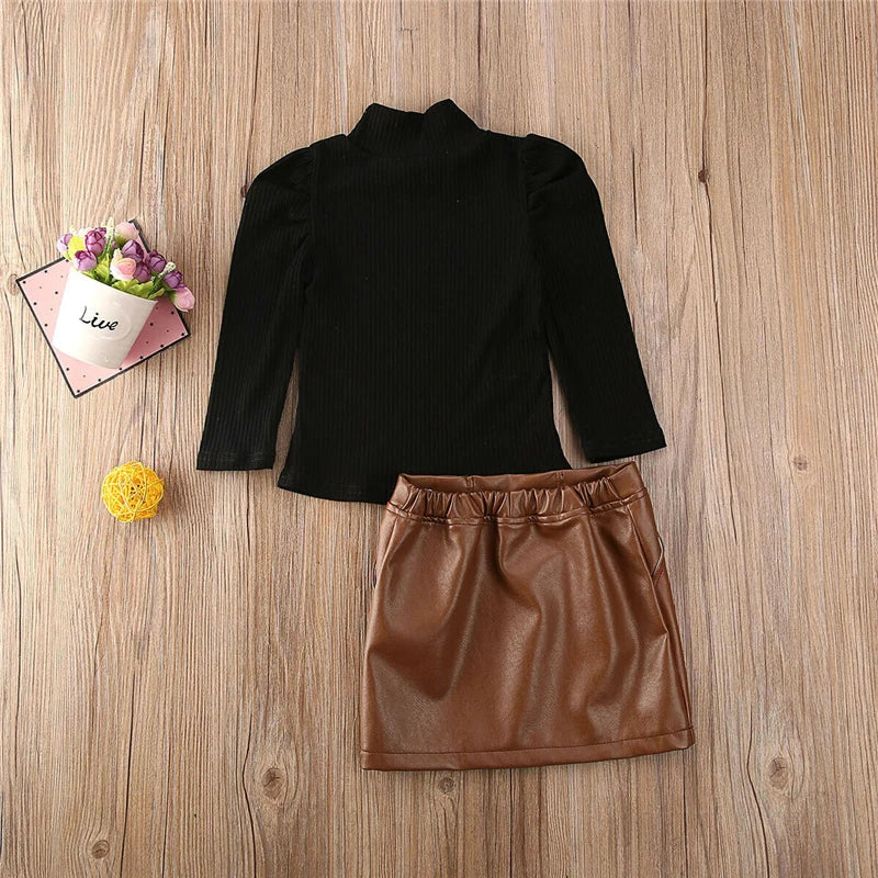 2020 Spring New Arrival Girls Fashion Clothes Set 2 Pieces Suit Sweater Tops+PU Leather skirt Kids Sets Girls Clothes