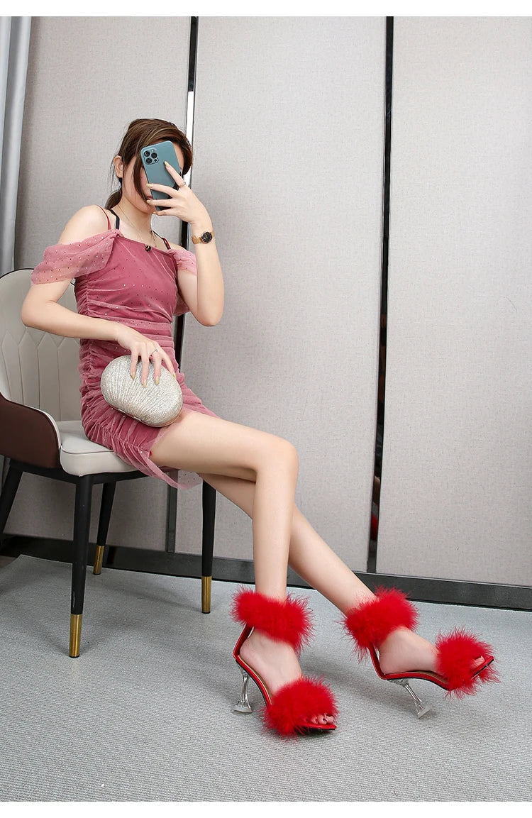 Feather Sandals Women Furry High Heels Ankle Plush Sandals Woman Transparent Heels With Fur Stripper Heeled Sandal Women Evening