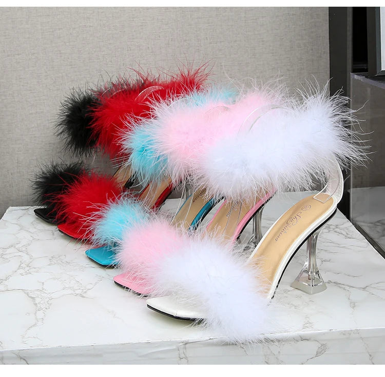 Feather Sandals Women Furry High Heels Ankle Plush Sandals Woman Transparent Heels With Fur Stripper Heeled Sandal Women Evening