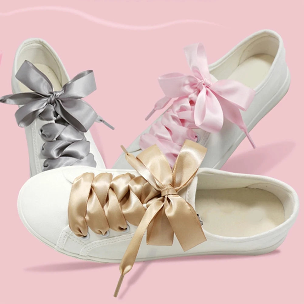 1Pair 4cm Width 90CM Flat  Satin Silk Ribbon Shoelaces Polyester Shoe Laces Sneaker Sport Shoes Lace Strings