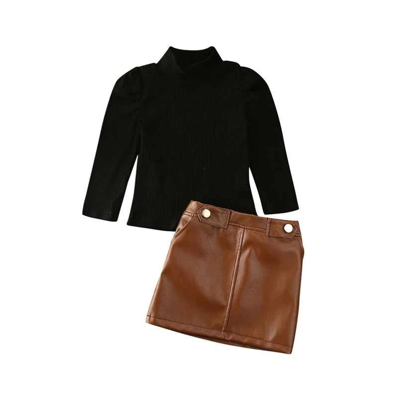 2020 Spring New Arrival Girls Fashion Clothes Set 2 Pieces Suit Sweater Tops+PU Leather skirt Kids Sets Girls Clothes