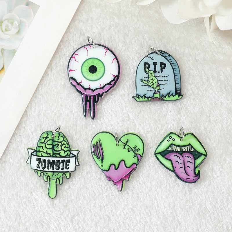 10 Piezas Halloween Dijes Cerebro de Zombie Corazón Boca Globo Ocular y Lápida de Acrílico Accesorios de Joyería para Bricolaje de Joyas