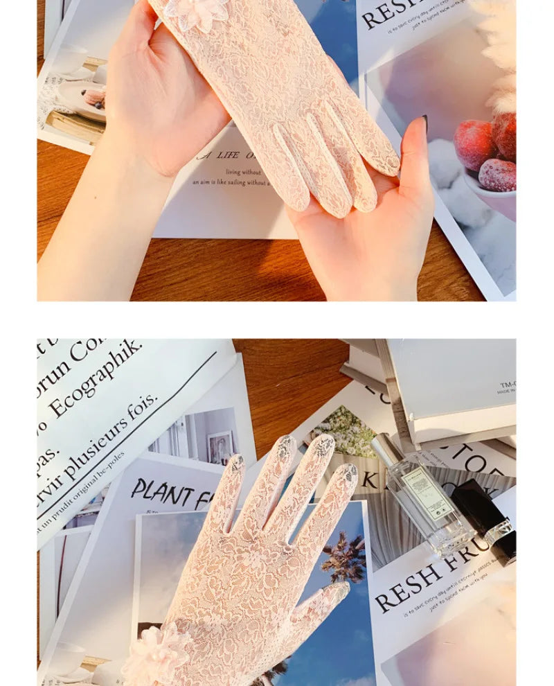 Damen Sommer Sexy Spitze Große Blume Dünnes Netz Atmungsaktiv Sonnenschutz Touchscreen Rutschfeste Fahrradhandschuhe Anti-UV Elegant