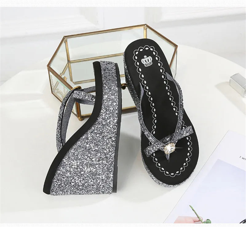 TIMETANGSummer platform women shoes beach sandals rhinestones sequins slope with flip flops breathable shiny wedges women