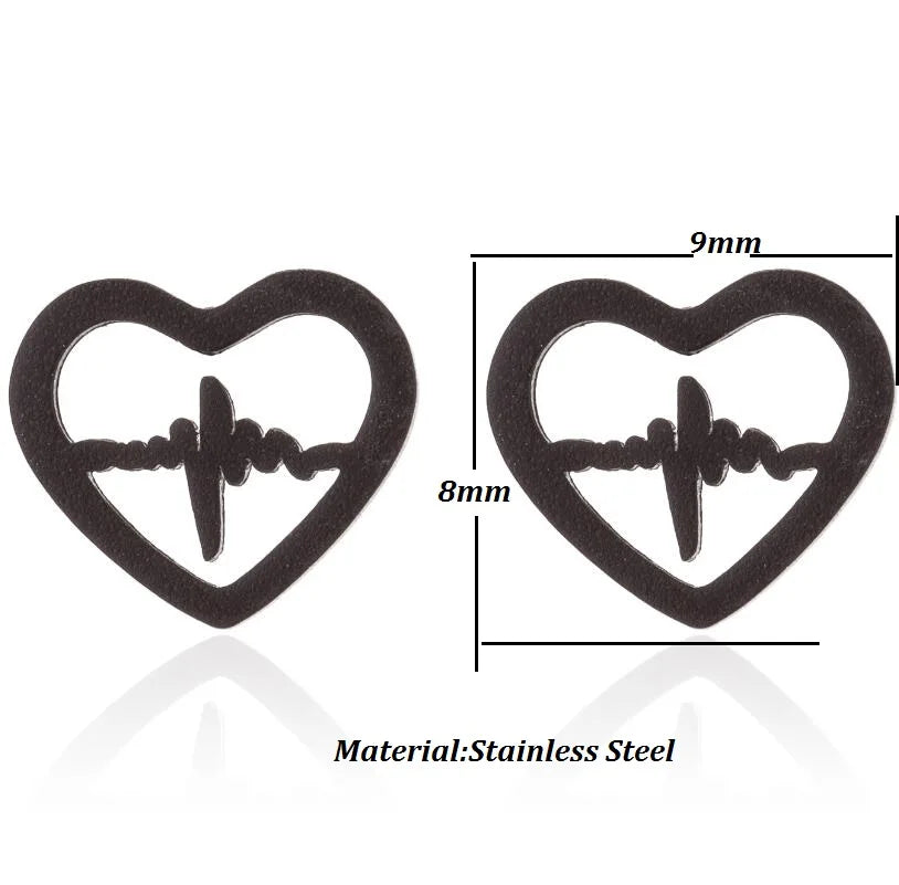 SMJEL Trendy Heart Wave Stud Earrings Black Stainless Steel Heartbeat Stethoscope Earings Women Doctor Accessories Jewelry Gift
