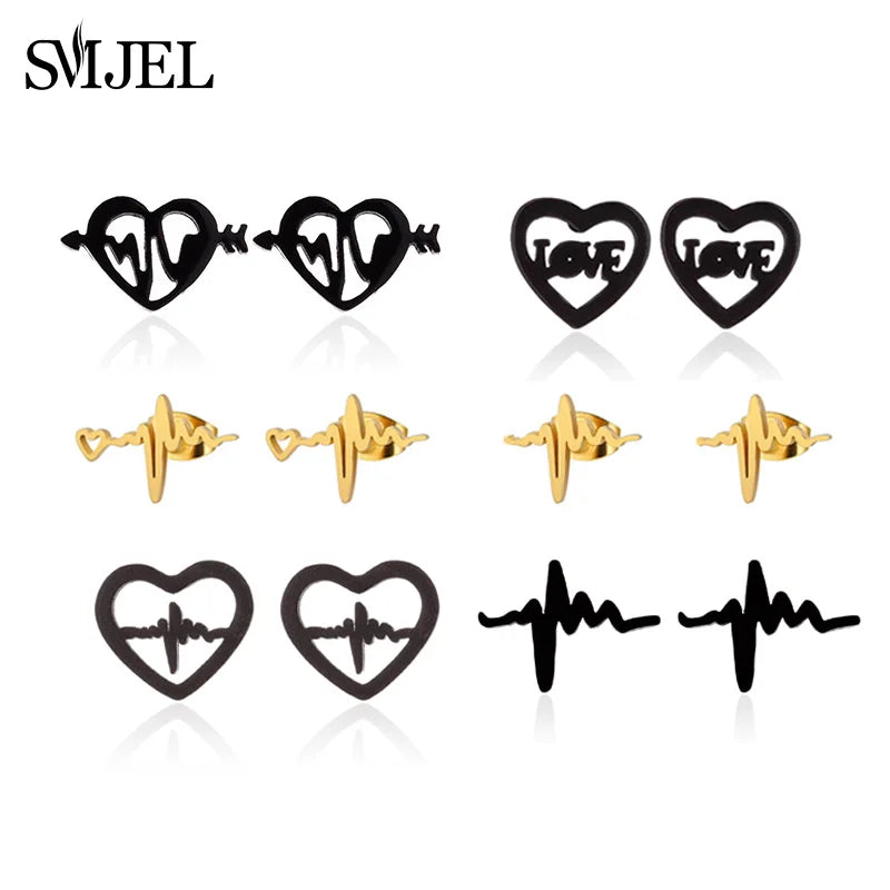 SMJEL Trendy Heart Wave Stud Earrings Black Stainless Steel Heartbeat Stethoscope Earings Women Doctor Accessories Jewelry Gift