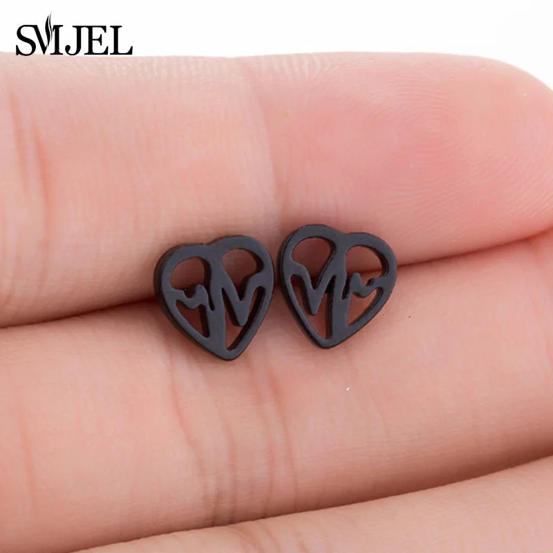 SMJEL Trendy Heart Wave Stud Earrings Black Stainless Steel Heartbeat Stethoscope Earings Women Doctor Accessories Jewelry Gift