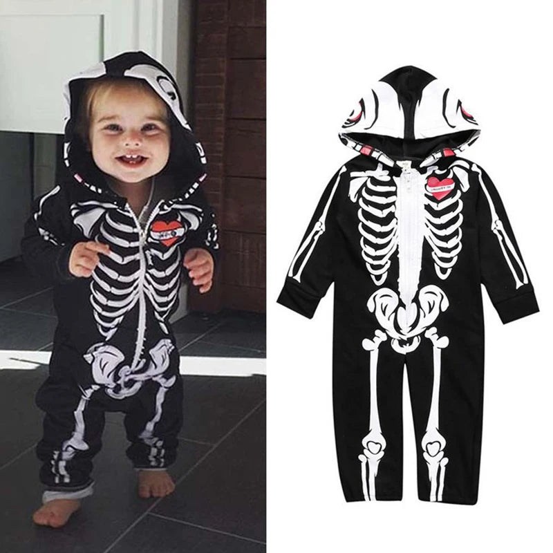Baby Kids Halloween Clothing Skull Print Toddler Boys Girls Rompers Hooded Jumpsuit Bebe Skull Trick Clothes Zipper Outfits