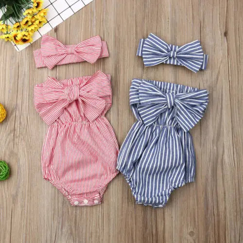 Citgeett Summer Newborn Baby Girls Off Shoulder Striped Bodysuit Jumpsuit Outfit Bowknot Cute Clothing