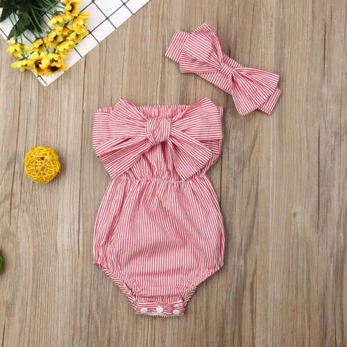 Citgeett Summer Newborn Baby Girls Off Shoulder Striped Bodysuit Jumpsuit Outfit Bowknot Cute Clothing