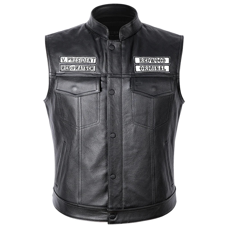 Sons of Anarchy Classical Motorcycle Biker Leather Vest Men Genuine Leather Sleeveless Jackets  REAL Cowhide Motorcade Vest 6XL
