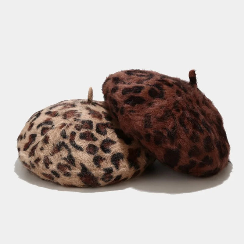 2020 Autumn Winter Leopard Print Warm Rabbit Fur Octagonal Hats for Women and Girl Berets Painter Hat Beanie Cap 11