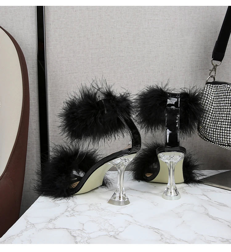 Feather Sandals Women Furry High Heels Ankle Plush Sandals Woman Transparent Heels With Fur Stripper Heeled Sandal Women Evening