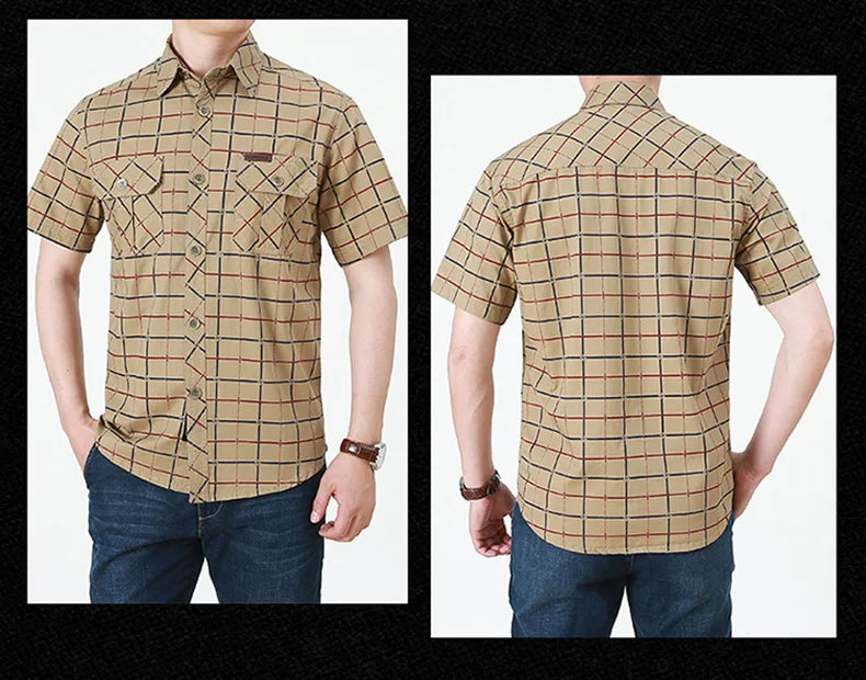 Summer Men's Plaid Shirt Short Sleeve Streetwear Pure Cotton Oversized Casual Shirts Men Clothing Hawaiian Shirt 5XL A2F5009