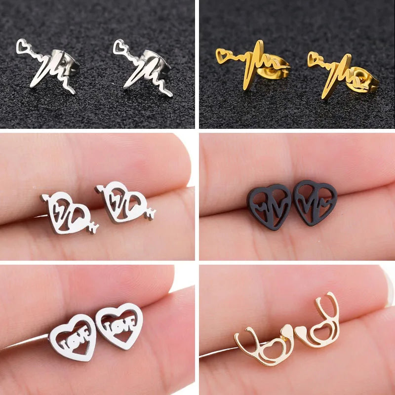 SMJEL Trendy Heart Wave Stud Earrings Black Stainless Steel Heartbeat Stethoscope Earings Women Doctor Accessories Jewelry Gift
